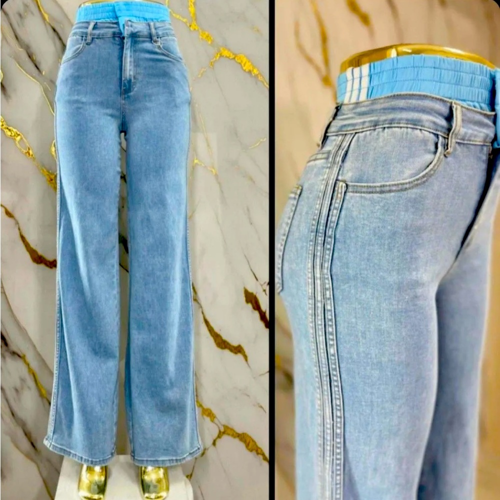 Denim Wide Leg Jeans with denim Stripe